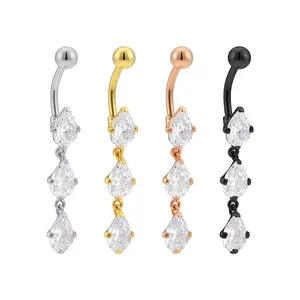 Superstar Custom G23 Titanium Externally Threaded Belly Button Ring Inlay 3 White Raindrop Zircon Navel Body Piercing Jewelry