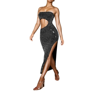 Vestido de verano sexy sin tirantes, sin mangas, con cintura natural, estampado digital, ahuecado, ajustado, con abertura y pedrería para mujer - Product Image 1