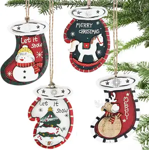 나무 크리스마스 트리 장식품 12 팩, 휴일 가정 장식을 위한 작은 손으로 그린 빈티지 나무 조각 세트