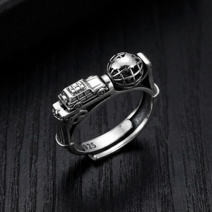 Anillo de Plata de Ley 925 con Acabado Vintage y Desgastado, con Globo Giratorio y Dije de <span class=keywords><strong>Coche</strong></span> SUV, Estilo Motero Retro, Banda Abierta Ajustable para Hombre - Product Image 2