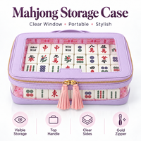 Sac de rangement Mahjong en PU violet clair, étui rigide avec fenêtre transparente, étanche, grande capacité, sac à main portable avec fermeture éclair à pompon
