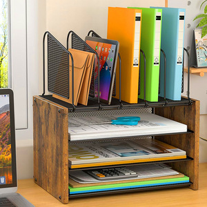 Organisateur de bureau en bambou à 4 niveaux avec 5 porte-fichiers verticaux et 2 porte-stylos pour le bureau à domicile - Étagère de <span class=keywords><strong>rangement</strong></span> moderne - Product Image 3