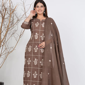 Women Ethnic Motifs Embroidered Cotton Kurta with <b>Trousers</b> & Dupatta Clothing <b>Indian</b> Pakistani Fashion Elegant Top Bottom - Product Image 1