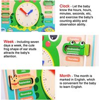 Horloge d'apprentissage en bois Montessori pour enfants, horloge d'enseignement multifonctionnelle en forme de grenouille, calendrier, temps, météo, apprentissage précoce des enfants