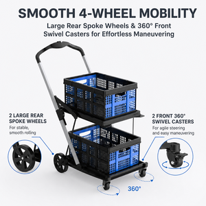 <b>Double</b>-Layer Plastic Shopping Cart With Blue <b>Bins</b> Four-Wheel Movable Trolley - Product Image 2