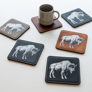 Customizable Western Wilderness Style Square Leather Coasters with Embossed Silver Logo Promotional PU Coffee Coasters