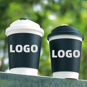 맞춤형 인쇄 일회용 이중 벽 12 온스 뜨거운 음료 뚜껑이있는 친환경 검은 종이 커피 컵