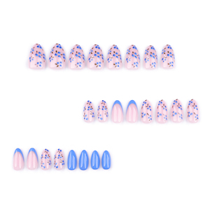 Juego de 24 <span class=keywords><strong>Uñas</strong></span> Acrílicas 3711 con Diseño Floral Azul y <span class=keywords><strong>Rosa</strong></span>, con Puntas Doradas, <span class=keywords><strong>Uñas</strong></span> Postizas Cortas con Forma de Almendra, <span class=keywords><strong>Uñas</strong></span> Francesas - Product Image 2
