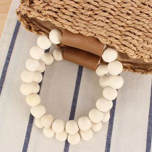 Sac fourre-tout de plage en paille tressée à la main pour femmes, avec perles en bois, style INS, simple et décontracté, sac seau rond - Product Image 6
