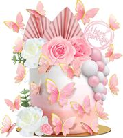 Rosa Rosen-Schmetterling Tortendekorations-Set Goldener Papierfächer Eukalyptusblatt Happy Birthday Topper Frauen Party-Zubehör
