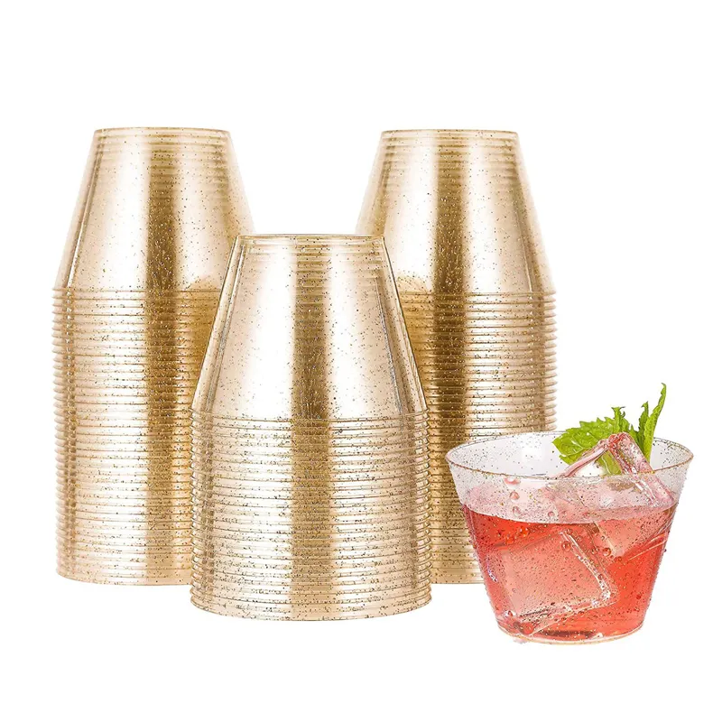 Bicchieri da Cocktail per feste di matrimonio in plastica usa e getta con bordo in oro F2-190, bicchieri da degustazione di vino in plastica usa e getta in plastica trasparente ecologica