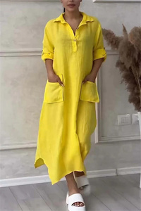 Tốt Nhất Bán Cộng Với Kích Thước Dài Dresses Phụ Nữ Giản Dị Cotton Linen Vải Nửa Tay Áo Ve Áo Maxi Dress Phụ Nữ Với Túi - Product Image 5