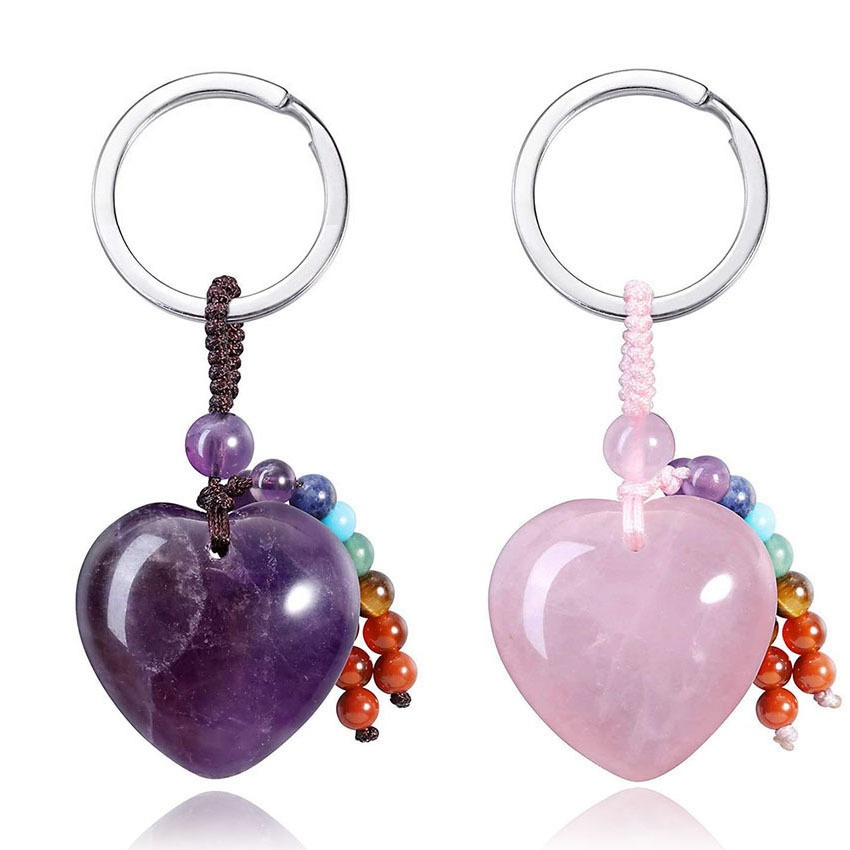 Heart Shaped Keychains Natural Stone Crafts Healing Crystals