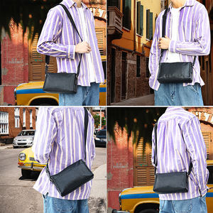 Sac bandoulière homme Dujiang en cuir véritable, design horizontal, cuir tanné végétal noir, sac de voyage décontracté - Product Image 2