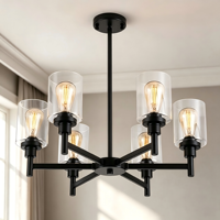 Lustre de style farmhouse à 6 lumières, structure en métal noir avec bras croisés, abat-jour cylindriques en verre transparent, luminaire de plafond avec douille E26
