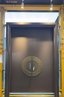 Porte de sécurité double en acier BOCHARM avec motif soleil en cuivre martelé, charnière lourde sculptée ornée pour villa de luxe et hôtel