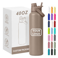 Bouteille d'eau sport isotherme en acier inoxydable de 40 oz à grande capacité avec impression de logo, couvercle à paille rabattable portable et anti-fuite pour l'extérieur