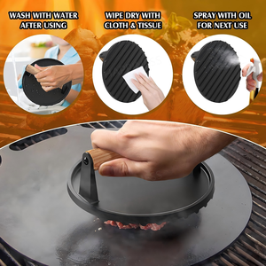 Prensa para Hamburguesas de Hierro Fundido Negro de 7'' - Parrilla Resistente para Exteriores con Mango de Madera Sólida, Diseño Sostenible - Product Image 3