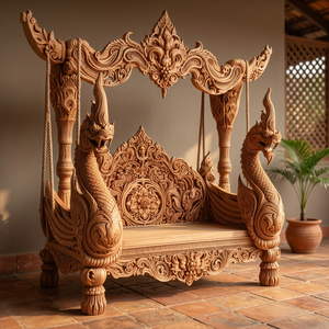 Hand Carved Teak Wood <b>Patio</b> <b>Swing</b> Bench with Traditional Design for Outdoor Balcony Porch Garden Seating Furniture - Product Image 6