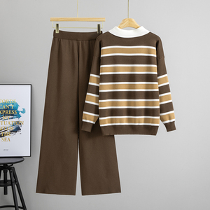 Ensemble décontracté deux pièces pour <span class=keywords><strong>femme</strong></span>, style européen transfrontalier, <span class=keywords><strong>nouvelle</strong></span> <span class=keywords><strong>collection</strong></span> Printemps/Automne 2026, pull rayé à revers et <span class=keywords><strong>pantalon</strong></span> large - Product Image 3
