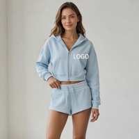 Ensemble de vêtements de sport pour femmes, sweat-shirt à capuche zippé surdimensionné personnalisé avec logo, short en molleton, deux pièces