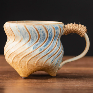 Tazza in Ceramica Creativa a 3 Gambe con Texture a Spirale, Tazza da Tè in Ceramica con Smalto Reattivo e Manico a Corda per <span class=keywords><strong>Caffè</strong></span> e Tè - Product Image 5