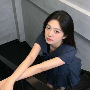 Korean Style Peter Pan Collar Navy Blue Shirt Dress Fitted Waist Slimming Summer Short Sleeve Women's Dress - Product Image 1