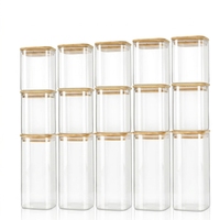 Pot de stockage en verre de cuisine carré à haute teneur en borosilicate pot de bouteilles d'herbes pour épices à café alimentaire avec couvercle en bois de bambou
