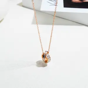 Hot Selling Titanium Steel Plated Rose Gold Double Ring Diamond Pendant Female High-grade Temperament Sense Jewelry B10270