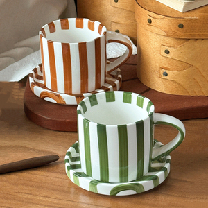 Vintage Ceramic Afternoon Tea Cup and Saucer Striped Coffee Mug <b>Set</b> <b>Microwave</b> Safe Latte Cup - Product Image 6