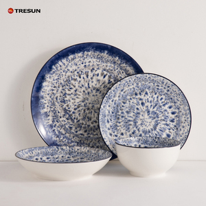 Chất lượng cao underglazed món ăn tấm ánh sáng màu xanh Pad in ấn sang trọng phong cách gốm Châu Âu sứ 16 cái Bộ đồ ăn - Product Image 1