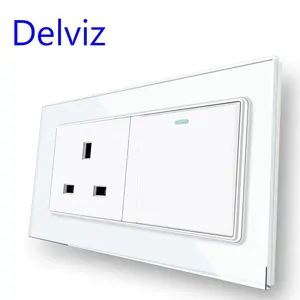 Delviz British Power Outlet, AC 110V~250V, White Crystal Glass Panel, UK standard 13A Socket, 1 Gang 2Way 16A Wall Light Switch