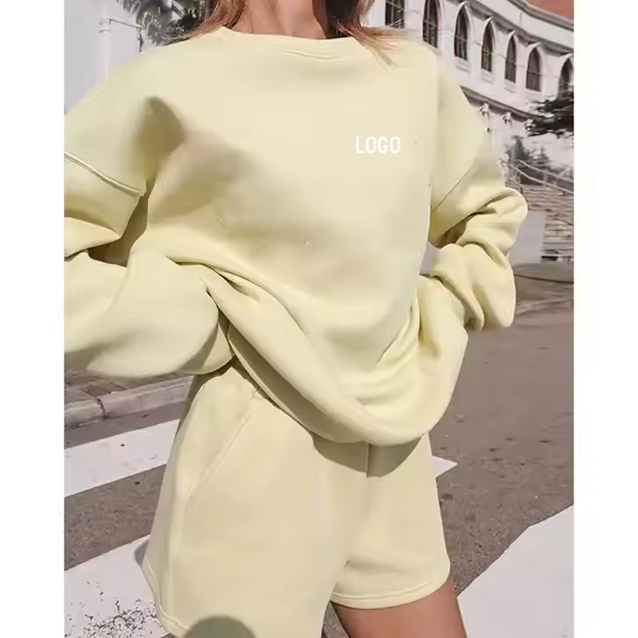 Manufacturer Women 100% Cotton Custom Logo Long Sleeve Top Loose Fitness Sweatshirt Running Casual Sports Hoodie And Shorts Set