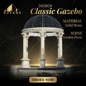 Gazebo de Mármol Blanco Estilo Europeo para Jardín, Pabellón de Piedra con Columnas Romanas y Cúpula de Hierro Forjado - Product Image 2