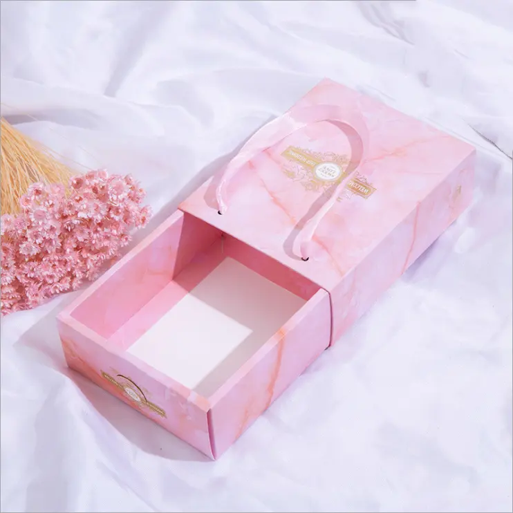 Benutzer definiertes Logo Farbe Größe Kosmetik Rosa Pappkarton Schublade Typ Kleine Schmuck verpackung Luxus Geschenk papier box Mit Griff