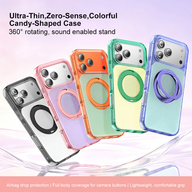 360 Degree Rotation Ring Stand Aluminum alloy Magnetic Shockproof Clear Acrylic+TPU 2.5MM Mobile Phone Case For Iphone 18 17 16