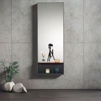Rectangular Framed LED Full-Length Mirror Self Adhesive Wall Mount Standing Mirror with Bottom Storage Compartment for Bedroom