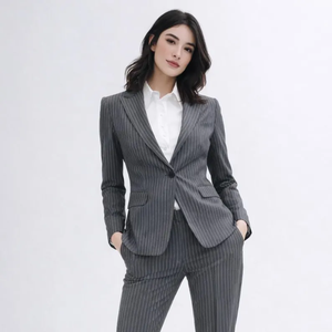 Traje gris a rayas para mujer, conjunto de blazer y pantalones a medida, ropa formal elegante para oficina, traje de pantalón profesional elegante, moderno y corporativo - Product Image 1