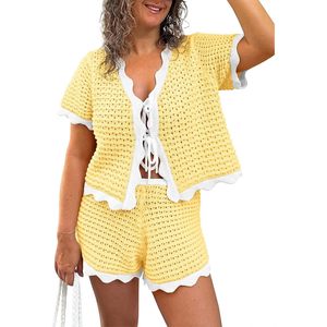 Ensemble de plage d'été 2 pièces pour femme : Cache-maillot en crochet à manches courtes et short à nouer sur le devant - Product Image 1
