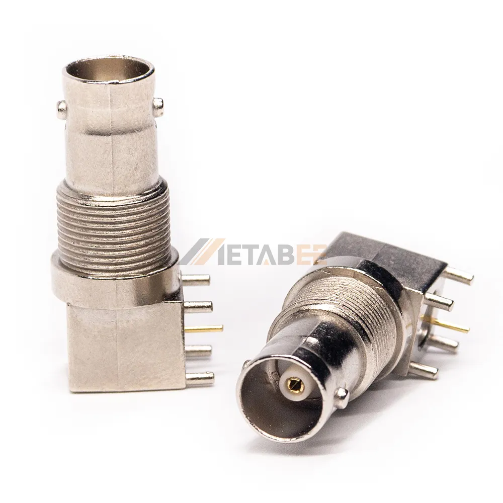 Conector coaxial BNC de montaje en panel hembra de ángulo recto con mamparo y conector de mamparo de tuerca de tornillo trasero