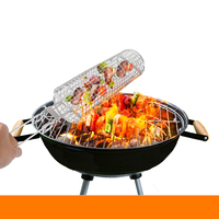 Vente chaude 2 pièces 304 panier de gril roulant de nidification extérieur en acier inoxydable avec manche en bois