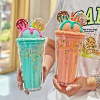 Vaso de Plástico de Doble Capa de 450 ml con Diseño Inspirado en Mickey Mouse, Tapa de Pegamento, Ideal para Estudiantes en Verano