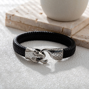Joyería de cuero trenzado de moda, brazalete de cuero genuino de serpiente pitón de acero inoxidable plateado, pulsera de hombre - Product Image 2