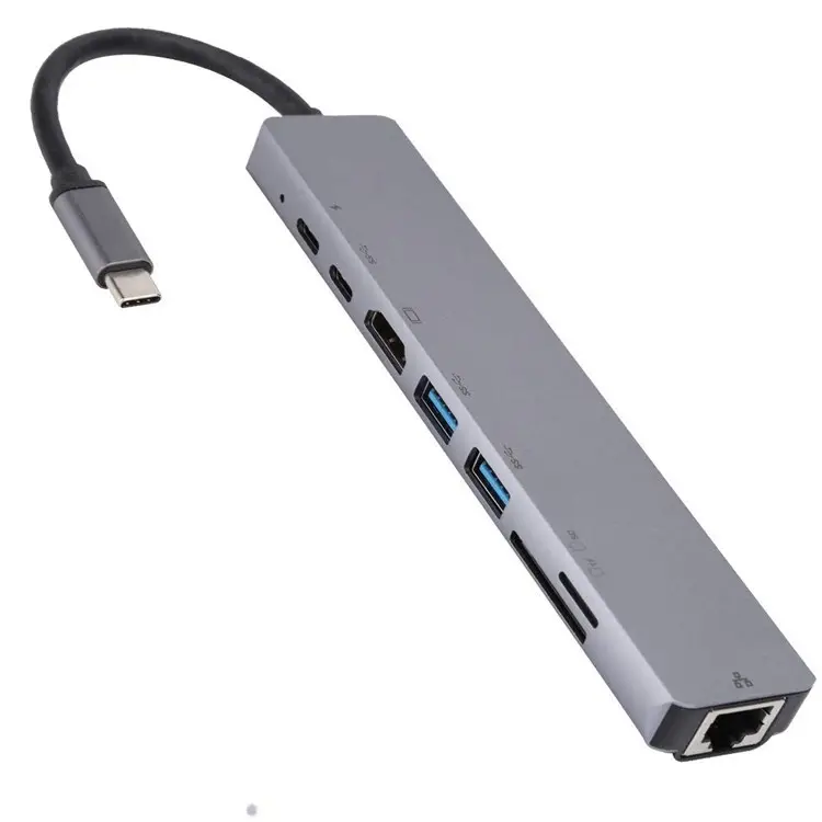 High Quality 8 In 1 Multiport Type C To Hd-mi + VGA + LAN Port + 2*USB 3.0 + SD/TF Card + Audio Port + USB-C Hub Cable Adapter