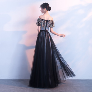 Vestido negro <span class=keywords><strong>de</strong></span> manga corta con hombros descubiertos para mujer, largo hasta el suelo, estilo veraniego, para <span class=keywords><strong>fiesta</strong></span> en la playa y graduación, venta al por mayor, 2020 - Product Image 3