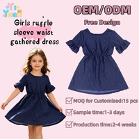 Robe évasée personnalisable pour filles à manches volantées et taille froncée, avec motifs et couleurs sur mesure, support de marque privée pour tenues quotidiennes