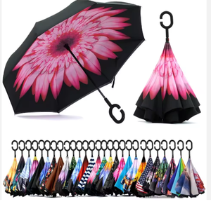 Paraguas invertido con forma de C, resistente al viento, con protección solar, de doble capa, para coche, con diseño de flor de rosa. - Product Image 6