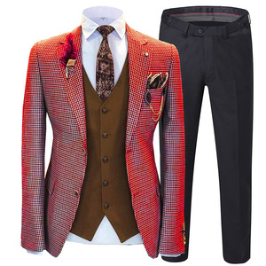 Offre Spéciale Plaid <span class=keywords><strong>Tweed</strong></span> hommes trois pièces costume hommes costume marron formel 3 pièces Slim Fit châle revers doux mariage garçons d'honneur blazer - Product Image 4