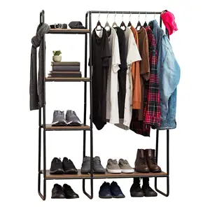 Multipurpose Sturdy Design Metal Easy to Assemble Garment Rack 4 Wood Shelves Freestanding Clothing Rack