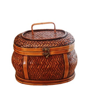 Handmade <b>Bamboo</b> Woven Tea Storage Box Round 21cmx17cmx15cm Brass Clasp Kitchen Food <b>Container</b> - Product Image 5